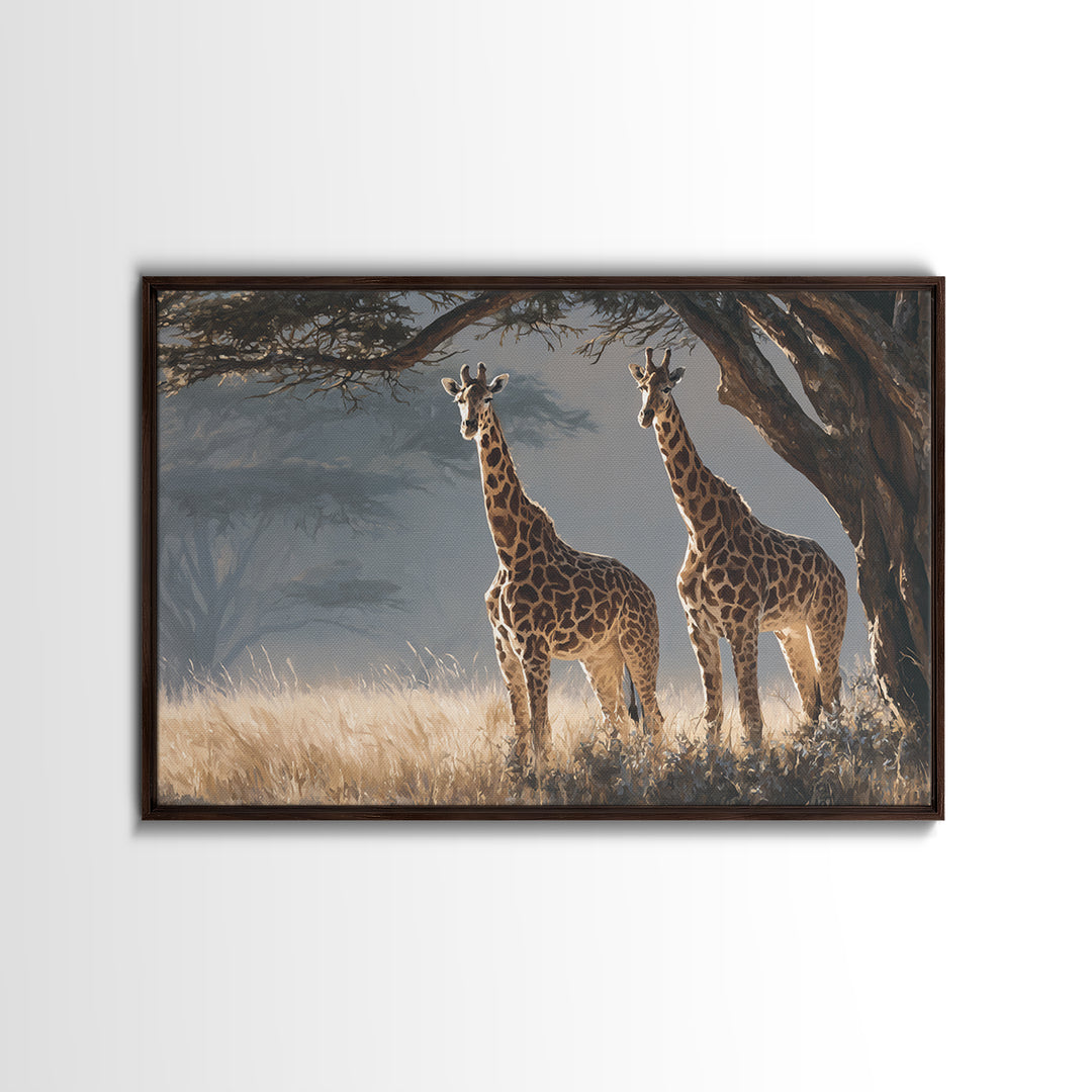 Giraffe Pair under Acacia Tree Framed Canvas Print, Wildlife Art, Living Room Decor, Oil Painting, Wild, Digital Wall Art, WIL-3x2-59