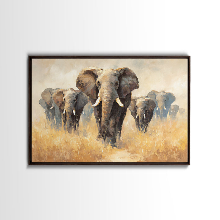Elephant Herd Walking Through Dusty Sunset Framed Canvas Print, Wildlife Art, Living Room Decor, Wild, Living Room Art, WIL-3x2-6