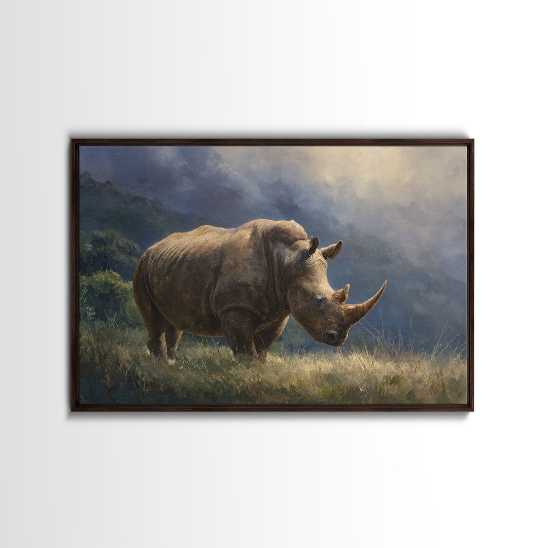 Rhino in Dramatic Stormy Light Framed Canvas Print, Wildlife Art, Original Artwork, Living Room Decor, Fine Art, Wild, WIL-3x2-60