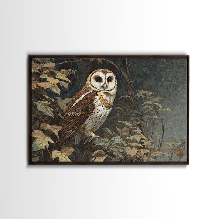 Owl Perched in Moonlit Woodland Framed Canvas Print, Wildlife Art, Gallery Decor, Living Room Decor, Abstract Art, Wild, WIL-3x2-64