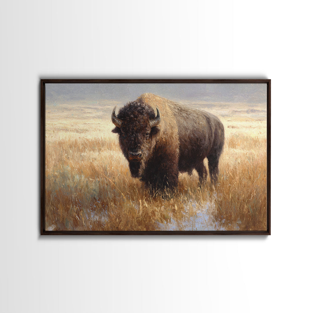 Bison on Wide Western Prairie Framed Canvas Print, Wildlife Art, Digital Download Art, Living Room Decor, Watercolor Art, Wild, WIL-3x2-65