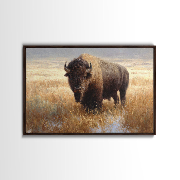 Bison on Wide Western Prairie Framed Canvas Print, Wildlife Art, Digital Download Art, Living Room Decor, Watercolor Art, Wild, WIL-3x2-65