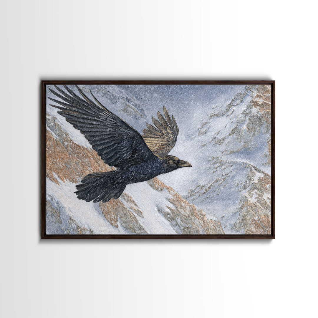 Raven Flying Through Snowy Mountains Canvas Print, Wildlife Art, Forest Wall Art, Living Room Decor, Fine Art, Wild, WIL-3x2-76