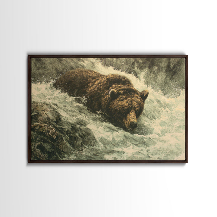 Bear Fishing in Rushing Mountain River Framed Canvas Print, Wildlife Art, Wall Art Print, Living Room Decor, Fine Art, Wild, WIL-3x2-8