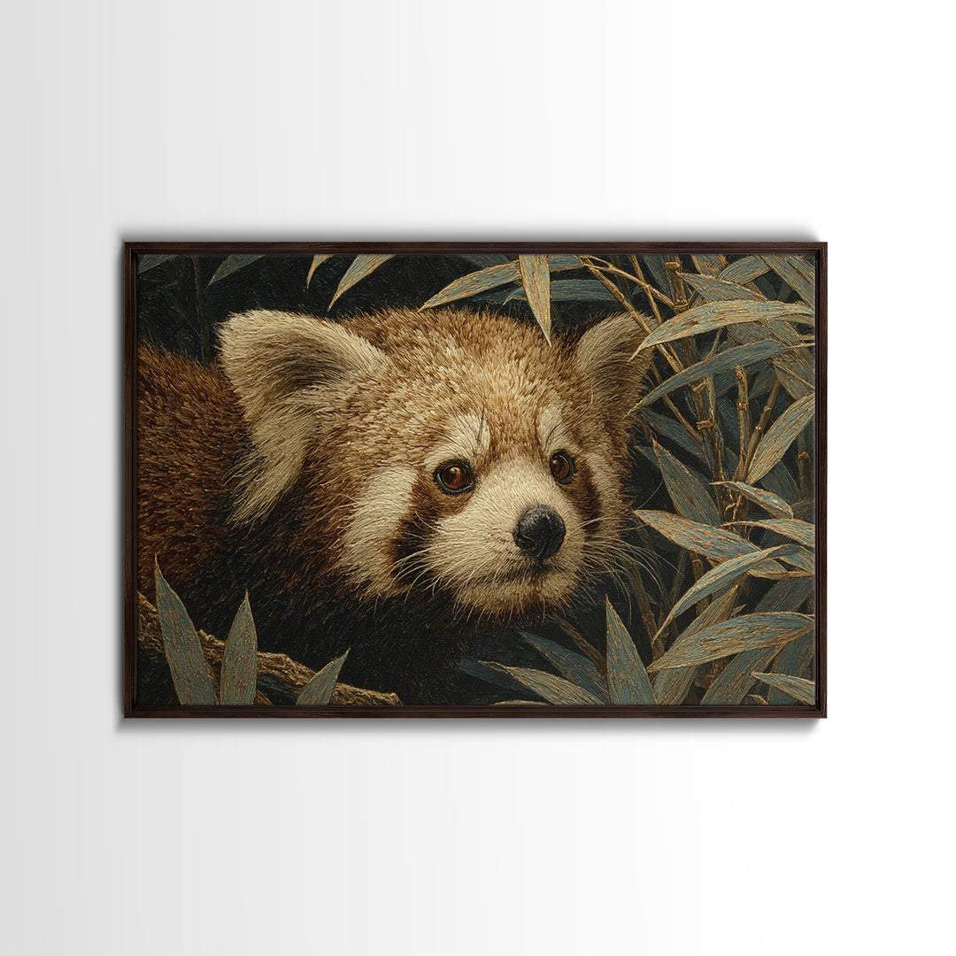 Red Panda Among Bamboo Leaves Framed Canvas Print, Wildlife Art, Art Print, Living Room Decor, Fine Art, Wild, Digital Wall Art, WIL-3x2-96