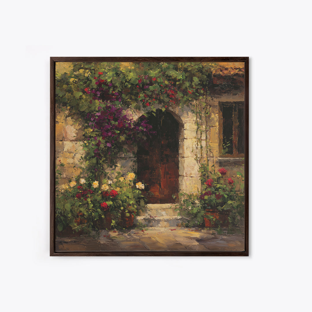 Vineyard Gate with Climbing Roses Canvas Print, Winery Art, Farmhouse Decor, Winery Decor, Oil Painting, Vineyard, Bar Art, WIN-1x1-15