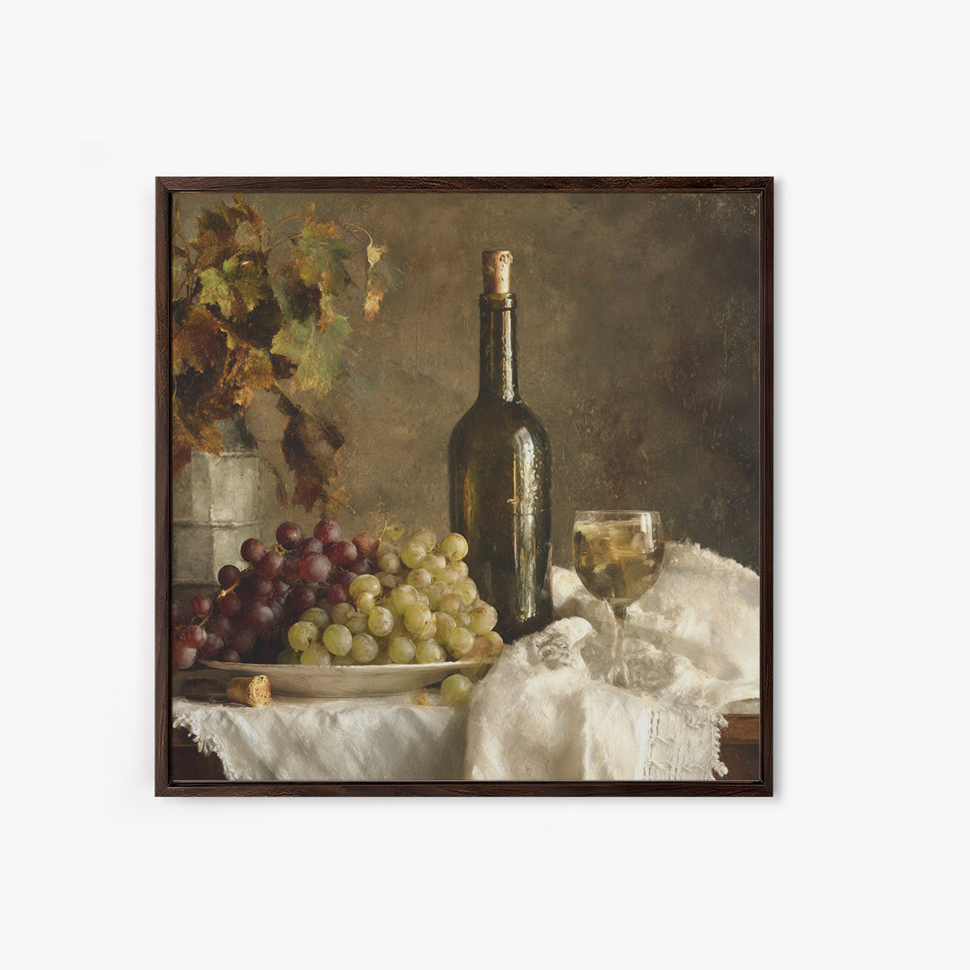 Champagne Grapes and White Linen Still Life Framed Canvas Print, Winery Art, Winery Decor, Abstract Art, Vineyard, WIN-1x1-29
