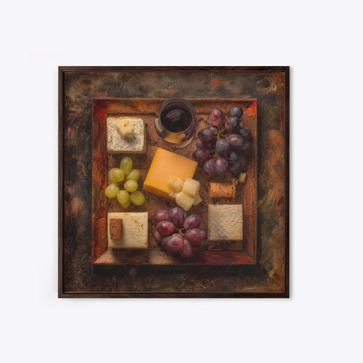 Charcuterie Board with Grapes and Cheese Framed Canvas Print, Winery Art, Boho Decor, Winery Decor, Oil Painting, Vineyard, WIN-1x1-37