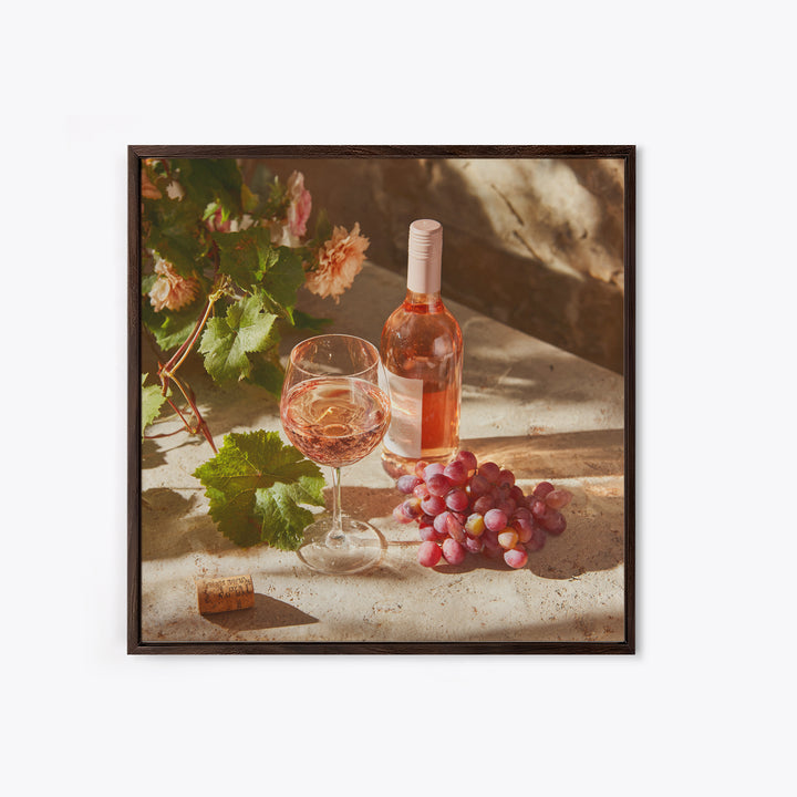 Ros Glass Beside Summer Flowers Framed Canvas Print, Winery Art, Gallery Decor, Winery Decor, Fine Art, Vineyard, Wall Art, WIN-1x1-38