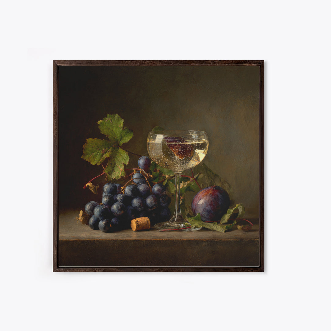 Champagne Coupe with Bubbles and Light Framed Canvas Print, Winery Art, Kitchen Wall Decor, Winery Decor, Oil Painting, WIN-1x1-43