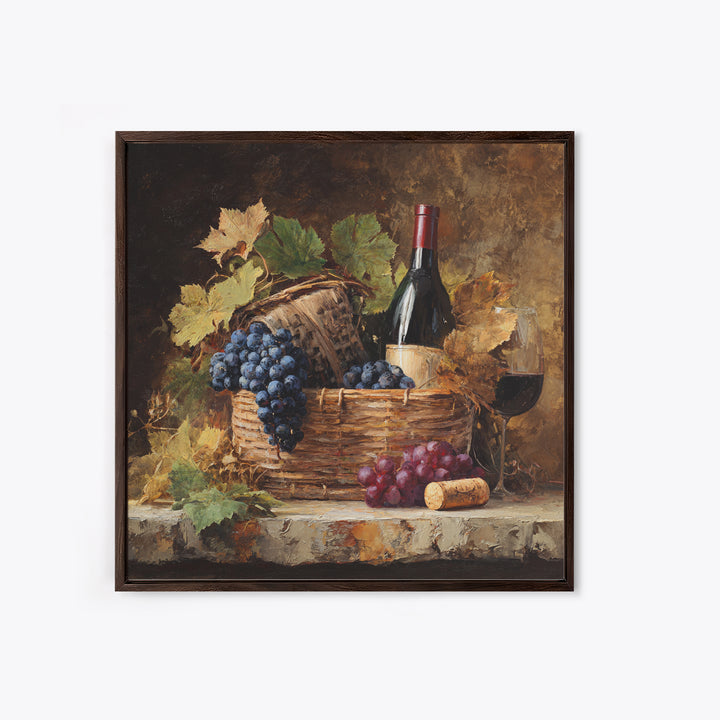 Wine Harvest Basket Framed Canvas Print, Winery Art, Bar Art, Winery Decor, Fine Art, Vineyard, Textured Painting, WIN-1x1-46