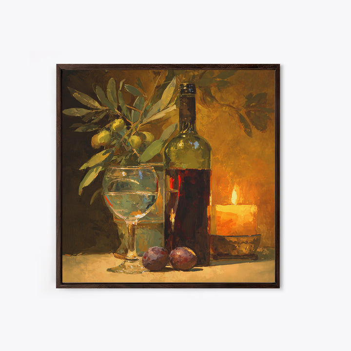 Olive Branch and Wine Glass Mediterranean Still Framed Canvas Print, Winery Art, Winery Decor, Oil Painting, Vineyard, WIN-1x1-48