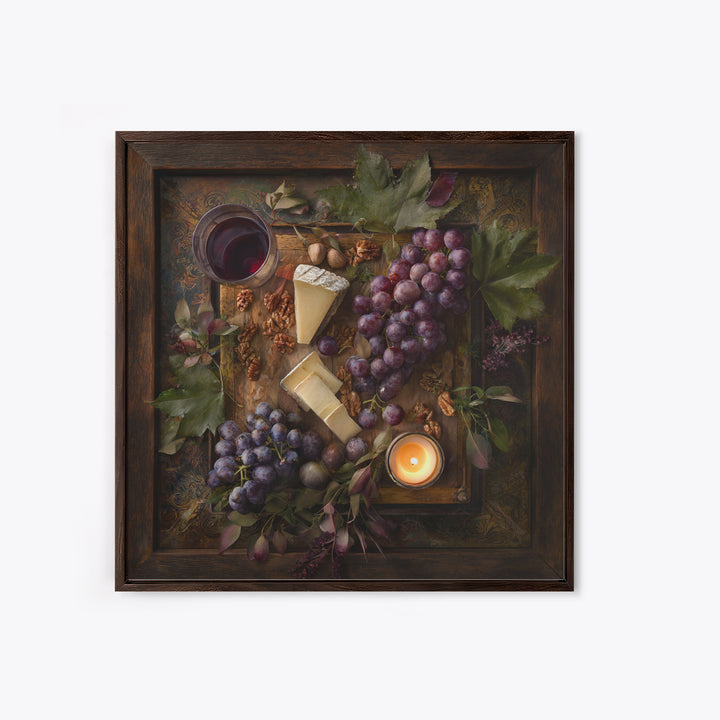 Charcuterie Board with Grapes and Cheese Framed Canvas Print, Winery Art, Boho Decor, Winery Decor, Oil Painting, Vineyard, WIN-1x1-61