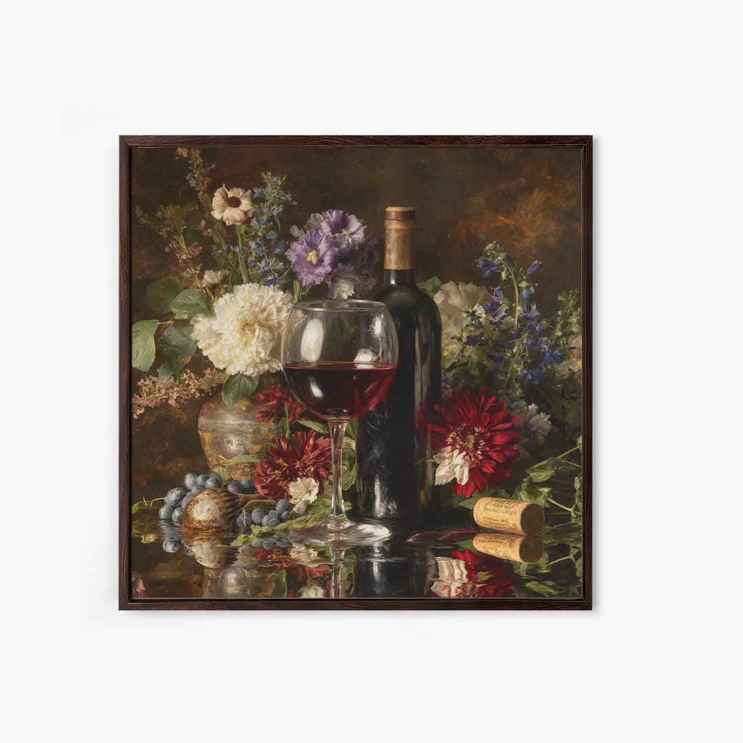 Ros Glass Beside Summer Flowers Framed Canvas Print, Winery Art, Gallery Decor, Winery Decor, Fine Art, Vineyard, Wall Art, WIN-1x1-62