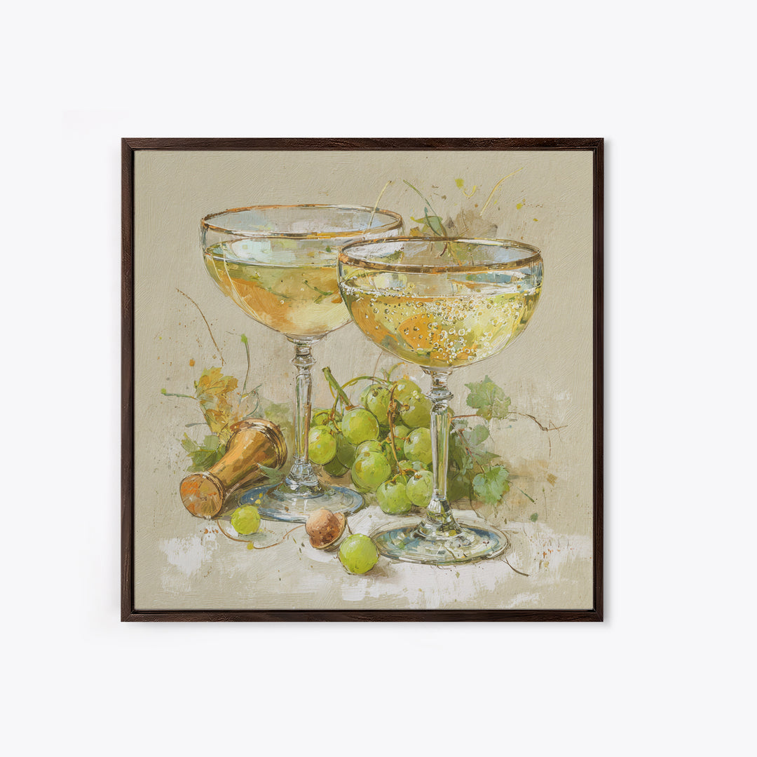 Champagne Coupe with Bubbles and Light Framed Canvas Print, Winery Art, Modern Decor, Winery Decor, Fine Art, Vineyard, WIN-1x1-67