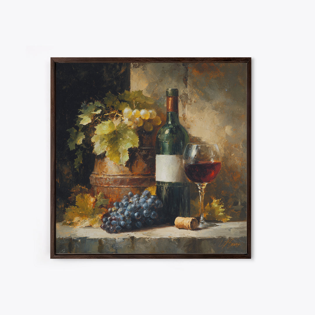 Olive Branch and Wine Glass Mediterranean Still Framed Canvas Print, Winery Art, Landscape Art, Winery Decor, Vineyard, WIN-1x1-72