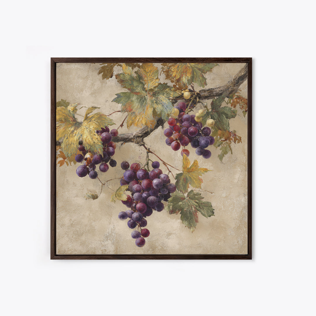 Grapevine Branch with Purple Grapes and Leaves Framed Canvas Print, Winery Art, Home Decor, Winery Decor, Fine Art, Vineyard, WIN-1x1-73