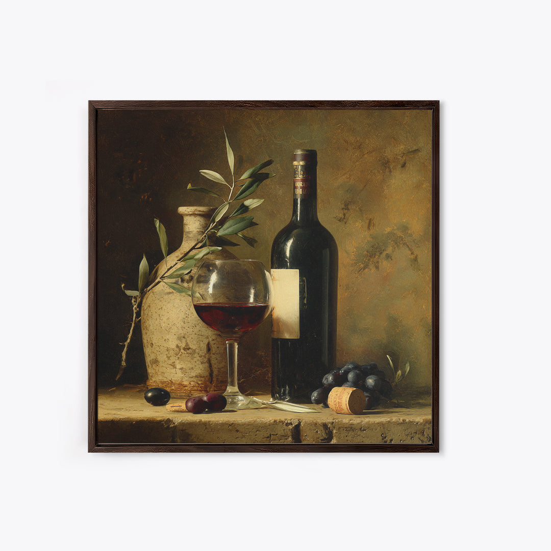 Olive Branch and Wine Glass Mediterranean Still Framed Canvas Print, Winery Art, Print, Winery Decor, Fine Art, Vineyard, WIN-1x1-96