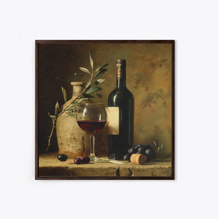 Olive Branch and Wine Glass Mediterranean Still Framed Canvas Print, Winery Art, Print, Winery Decor, Fine Art, Vineyard, WIN-1x1-96
