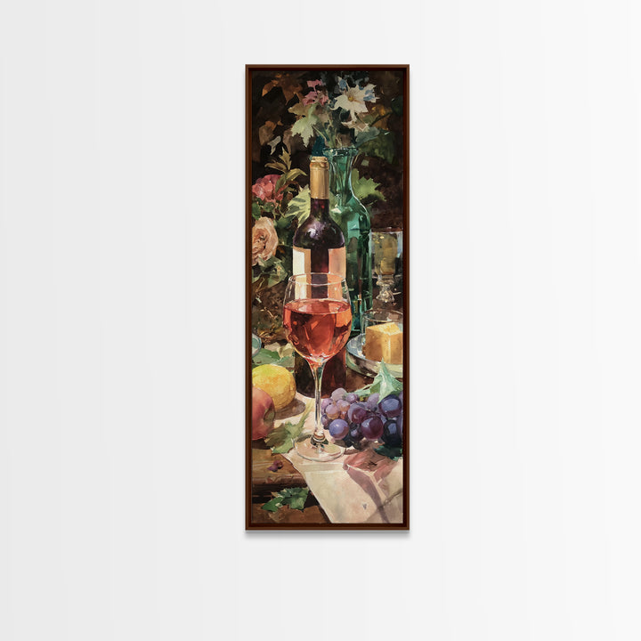 Ros Glass Beside Summer Flowers Canvas Print, Winery Art, Living Room Art, Winery Decor, Watercolor Art, Vineyard, WIN-1x3-2