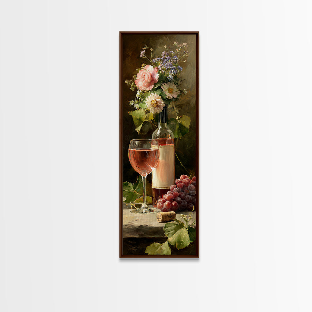 Ros Glass Beside Summer Flowers Canvas Print, Winery Art, Living Room Art, Winery Decor, Watercolor Art, Vineyard, WIN-1x3-26