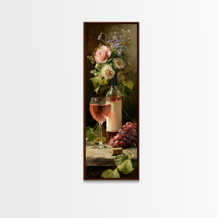Ros Glass Beside Summer Flowers Canvas Print, Winery Art, Living Room Art, Winery Decor, Watercolor Art, Vineyard, WIN-1x3-26