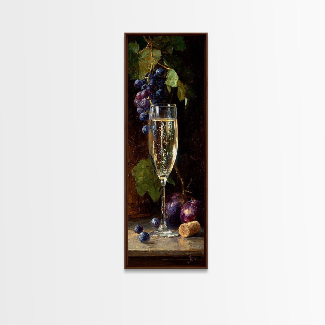 Champagne Coupe with Bubbles and Light Framed Canvas Print, Winery Art, Kitchen Art, Winery Decor, Watercolor Art, Vineyard, WIN-1x3-31