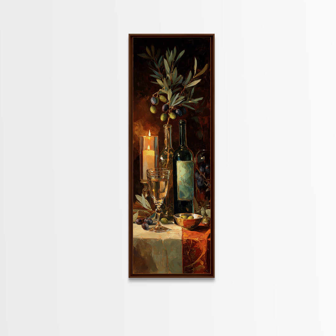Olive Branch and Wine Glass Mediterranean Still Framed Canvas Print, Winery Art, Print, Winery Decor, Fine Art, Vineyard, WIN-1x3-36