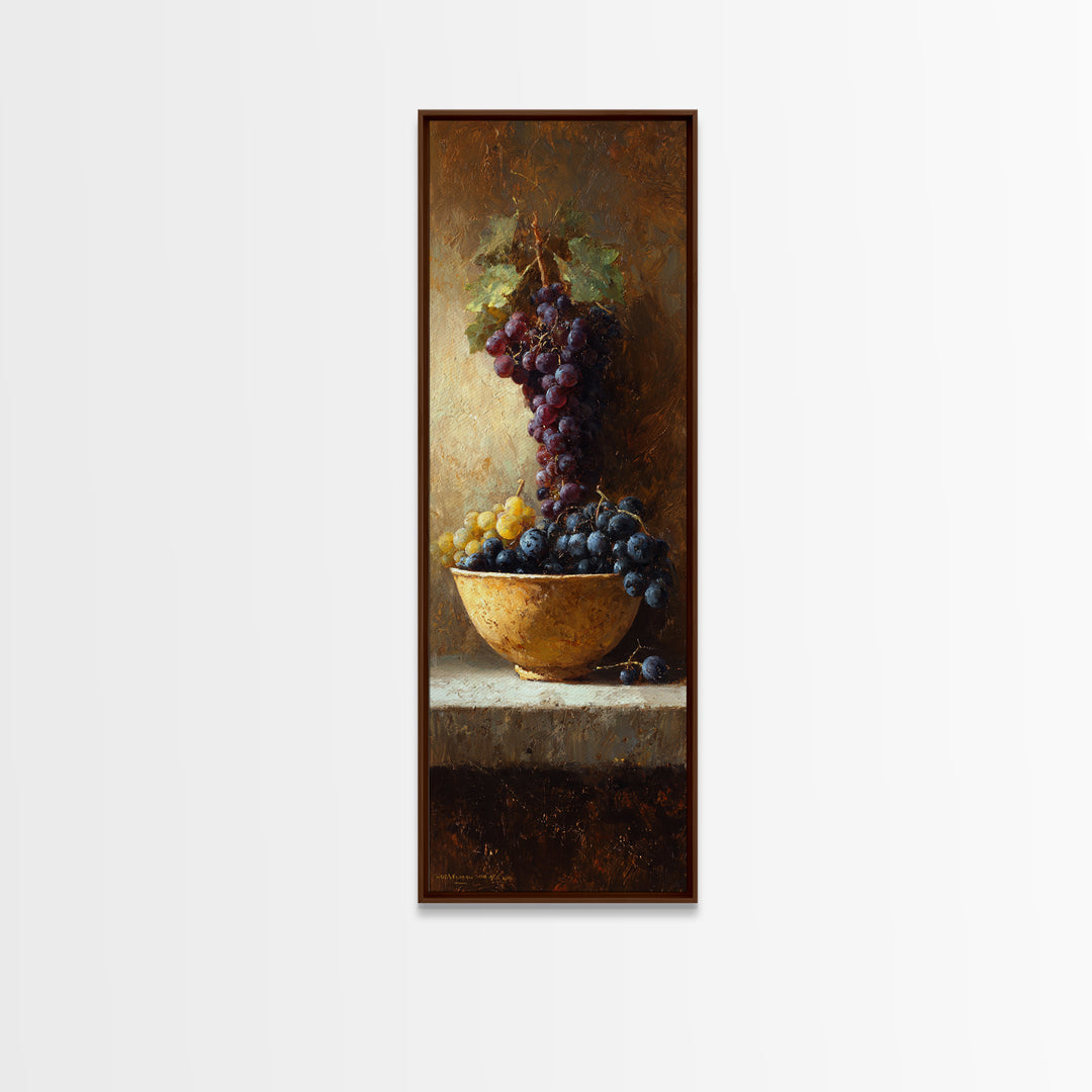 Grapes in a Ceramic Bowl with Shadows Framed Canvas Print, Winery Art, Wall Art, Winery Decor, Oil Painting, Vineyard, WIN-1x3-69