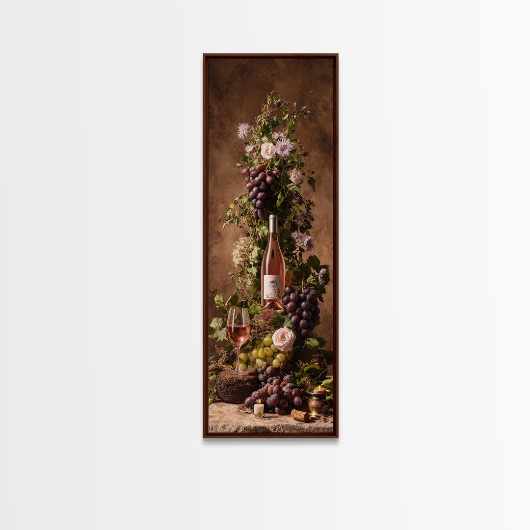 Ros Glass Beside Summer Flowers Framed Canvas Print, Winery Art, Fine Art Print, Winery Decor, Watercolor Art, Vineyard, WIN-1x3-74