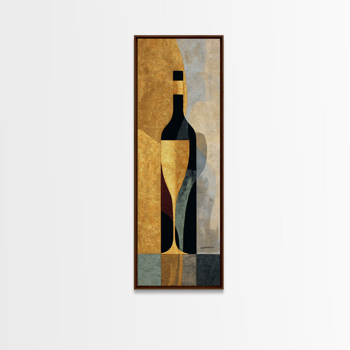 Black and Gold Wine Bottle Silhouette Framed Canvas Print, Winery Art, Kitchen Wall Decor, Winery Decor, Oil Painting, Vineyard, WIN-1x3-76