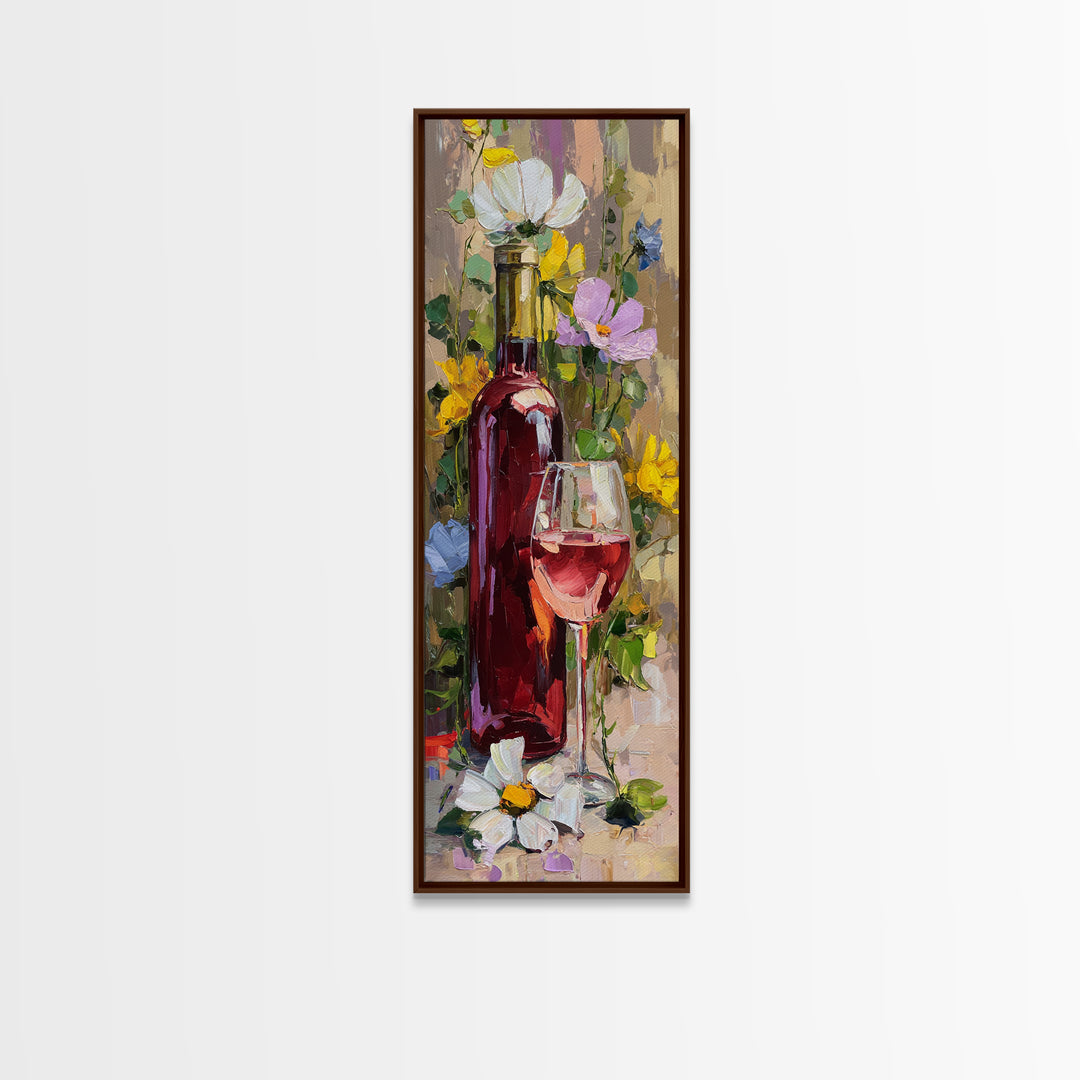 Ros Glass Beside Summer Flowers Canvas Print, Winery Art, Textured Painting, Winery Decor, Fine Art, Vineyard, Oil Painting, WIN-1x3-98