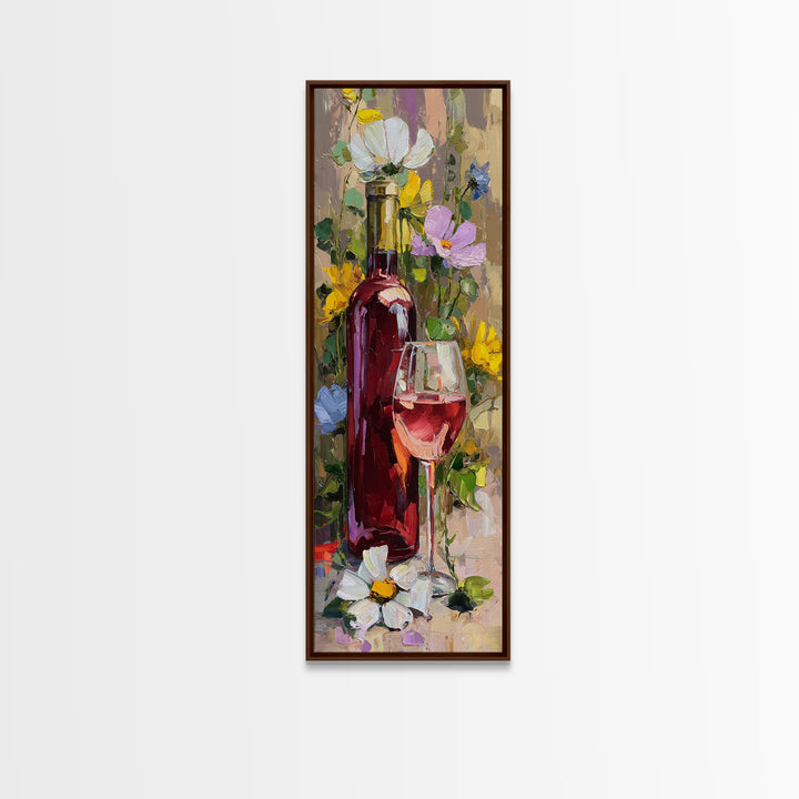 Ros Glass Beside Summer Flowers Canvas Print, Winery Art, Textured Painting, Winery Decor, Fine Art, Vineyard, Oil Painting, WIN-1x3-98