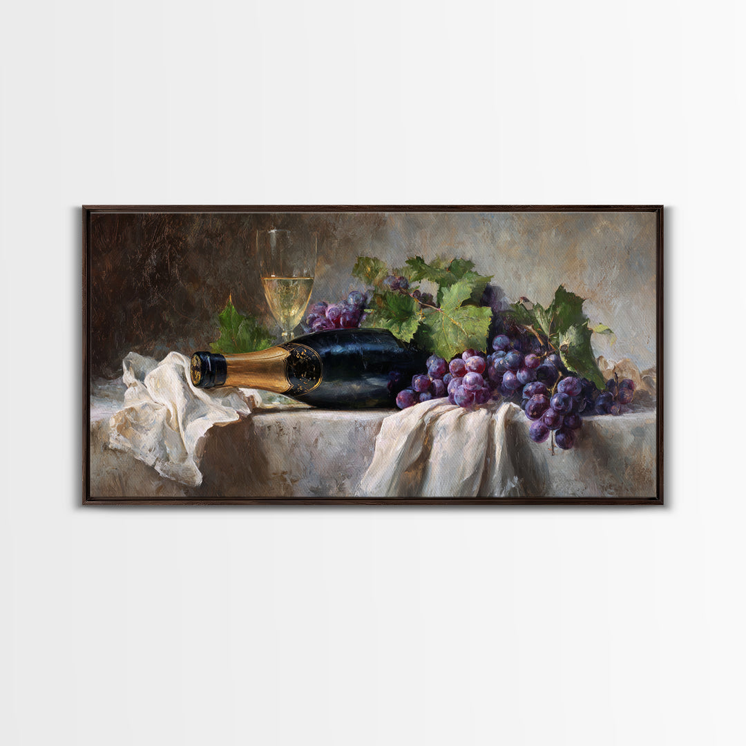 Champagne Grapes and White Linen Still Life Framed Canvas Print, Winery Art, Printable Wall Art, Winery Decor, Vineyard, WIN-2x1-1