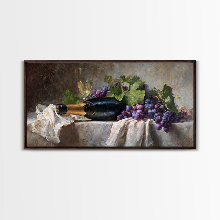 Champagne Grapes and White Linen Still Life Framed Canvas Print, Winery Art, Printable Wall Art, Winery Decor, Vineyard, WIN-2x1-1