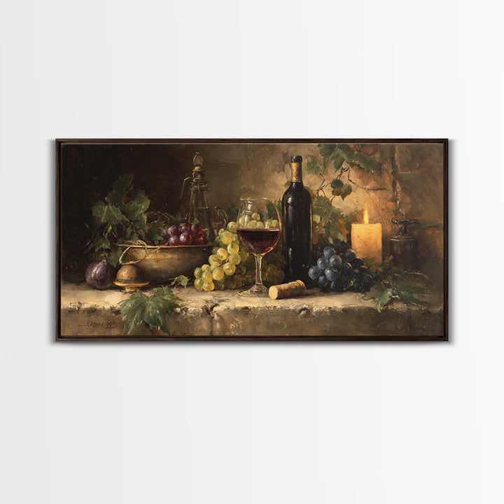 Olive Branch and Wine Glass Mediterranean Still Framed Canvas Print, Winery Art, Statement Artwork, Winery Decor, Vineyard, WIN-2x1-20