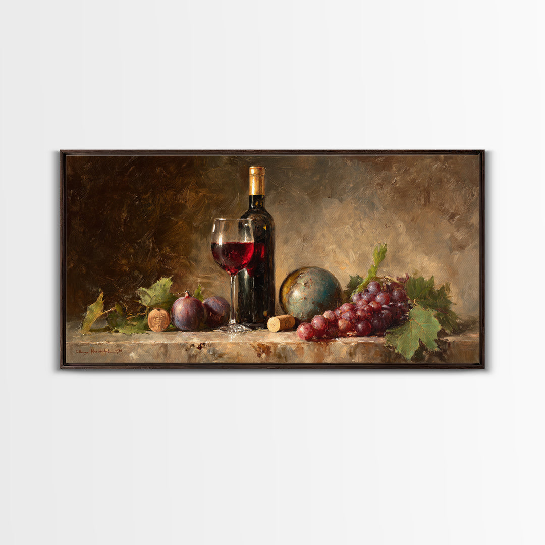 Wine Bottle and Glass Still Life Canvas Print, Winery Art, Textured Painting, Winery Decor, Fine Art, Vineyard, Oil Painting, WIN-2x1-22