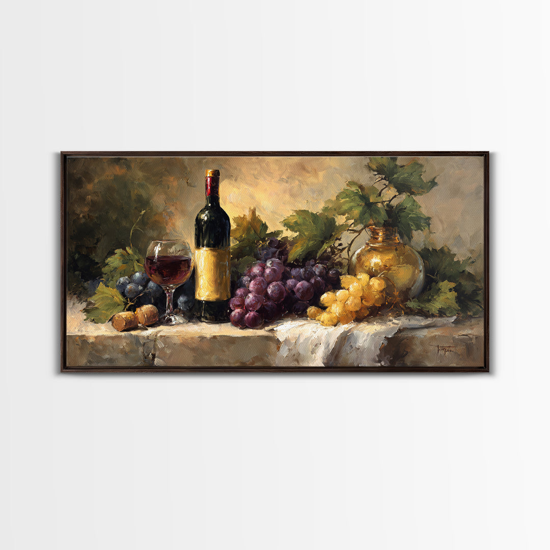 Tuscan Vineyard at Golden Hour Framed Canvas Print, Winery Art, Oil Painting, Winery Decor, Watercolor Art, Vineyard, WIN-2x1-23