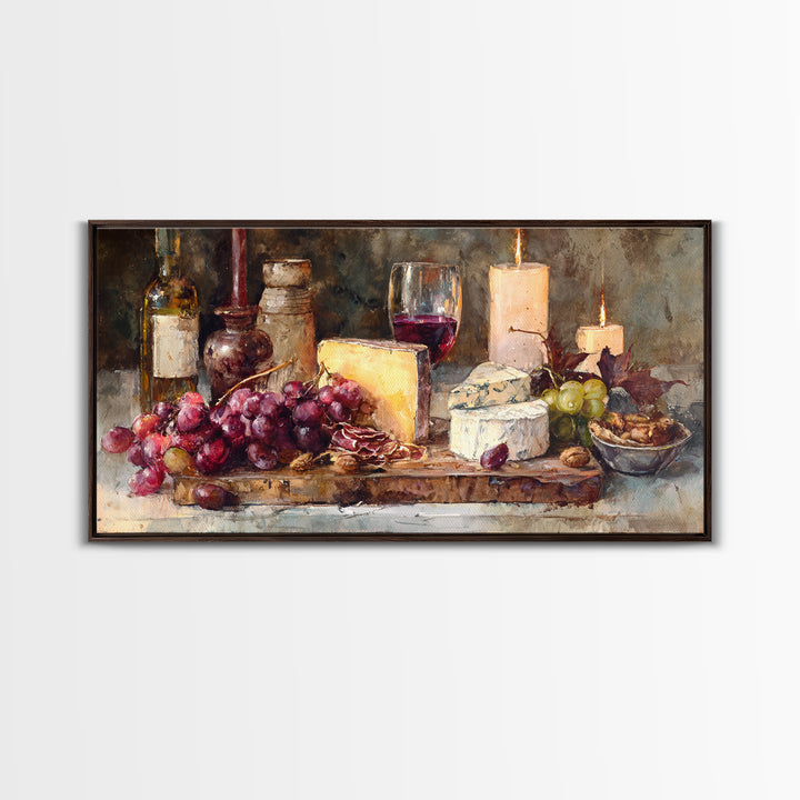 Charcuterie Board with Grapes and Cheese Framed Canvas Print, Winery Art, Painting, Winery Decor, Fine Art, Vineyard, WIN-2x1-33