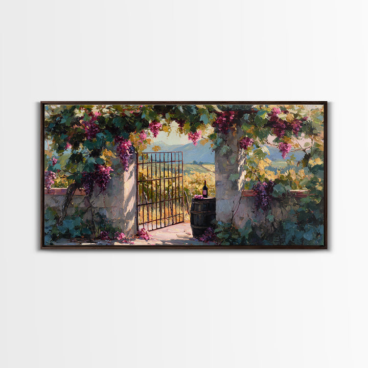 Vineyard Gate with Climbing Roses Framed Canvas Print, Winery Art, Wall Art, Winery Decor, Oil Painting, Vineyard, WIN-2x1-35
