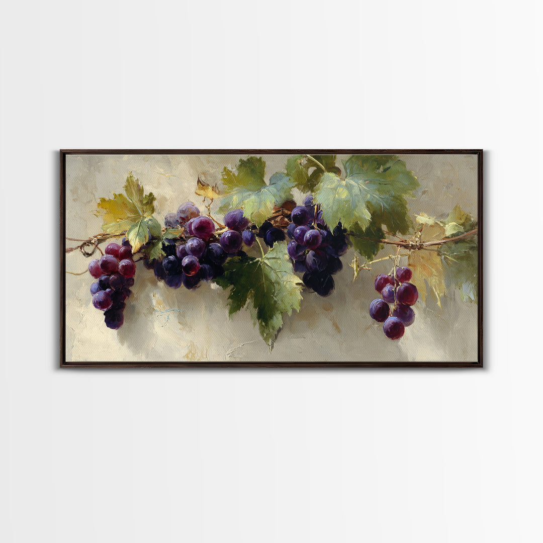 Grapevine Branch with Purple Grapes and Leaves Framed Canvas Print, Winery Art, Kitchen Wall Art, Winery Decor, Oil Painting, WIN-2x1-45