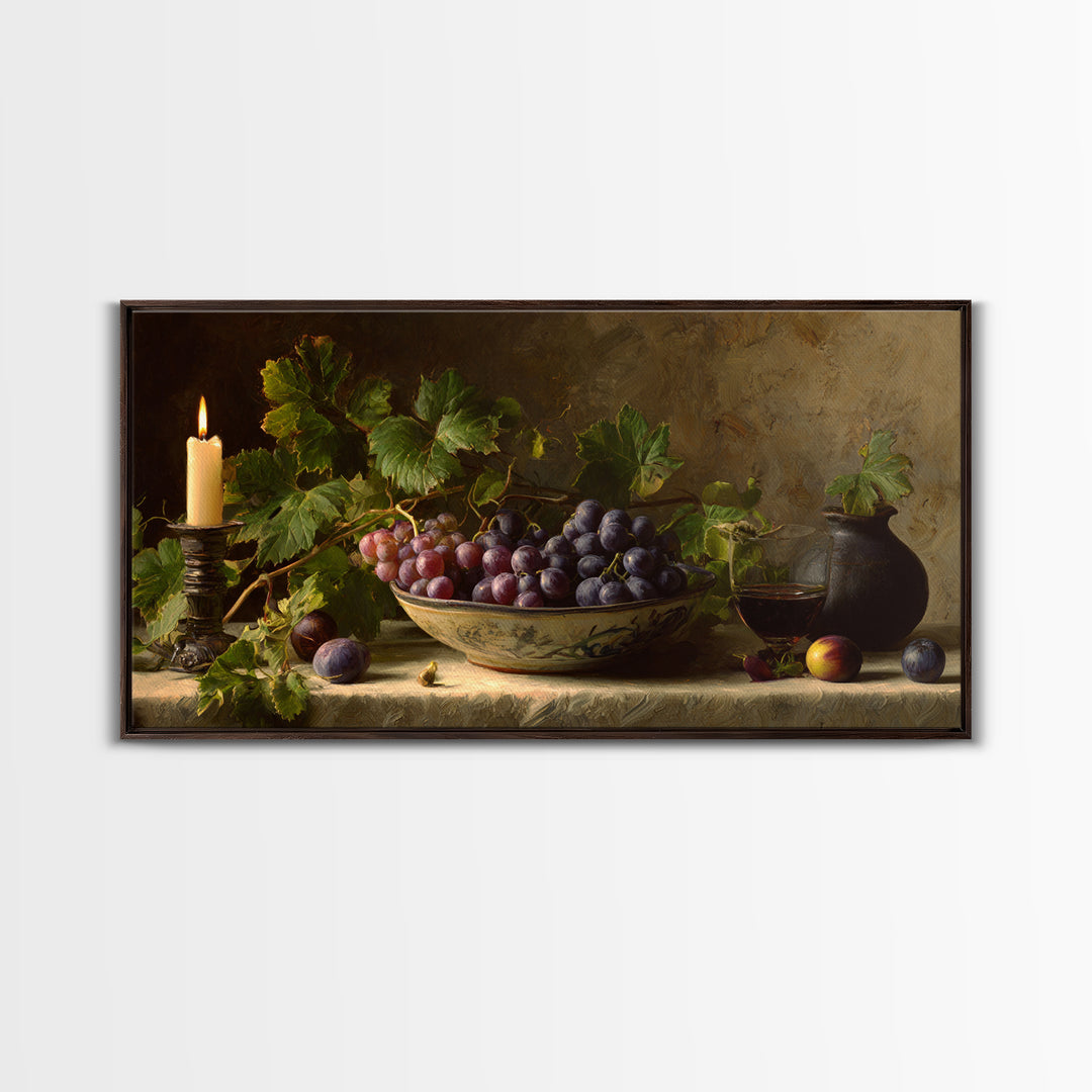 Grapes in a Ceramic Bowl with Shadows Framed Canvas Print, Winery Art, Oil Painting, Winery Decor, Watercolor Art, Vineyard, WIN-2x1-5