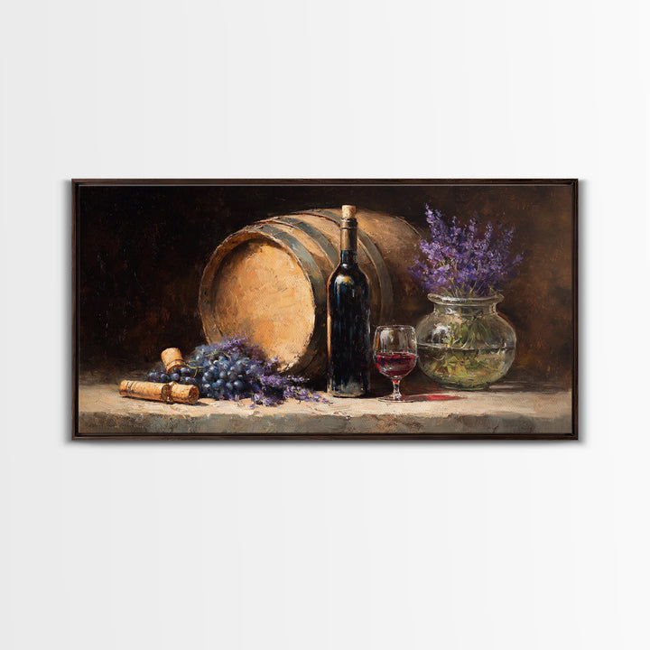 Wine Barrel with Lavender and Sunlight Framed Canvas Print, Winery Art, Wall Decor, Winery Decor, Fine Art, Vineyard, WIN-2x1-50