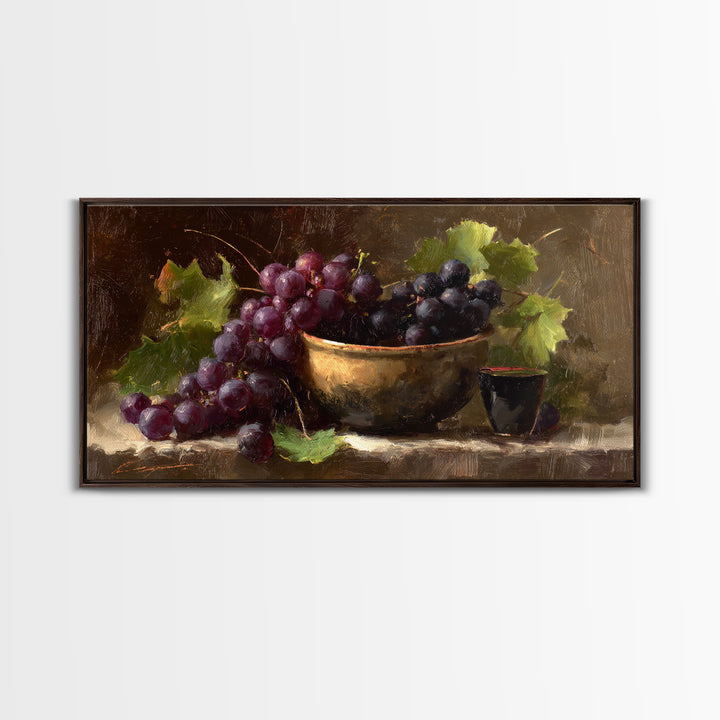 Grapes in a Ceramic Bowl with Shadows Canvas Print, Winery Art, Farmhouse Decor, Winery Decor, Oil Painting, Vineyard, WIN-2x1-53