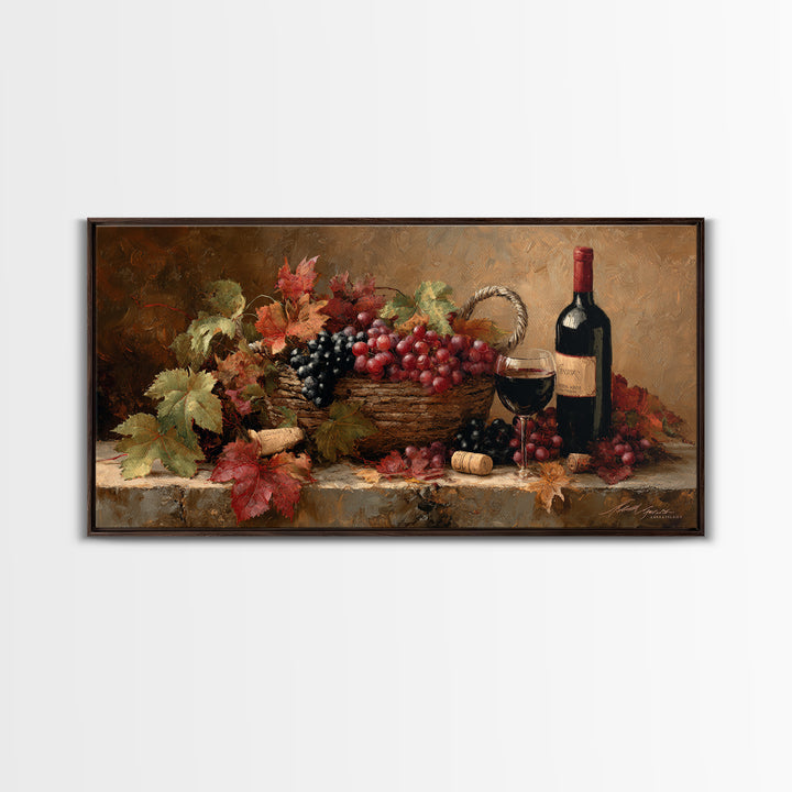 Wine Harvest Basket Framed Canvas Print, Winery Art, Art Print, Winery Decor, Oil Painting, Vineyard, Watercolor Painting, WIN-2x1-90