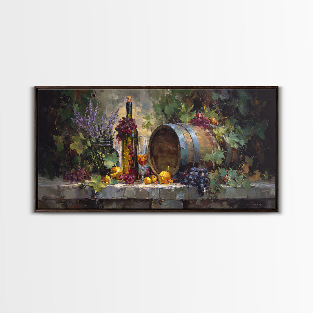 Wine Barrel with Lavender and Sunlight Canvas Print, Winery Art, Oil Painting, Winery Decor, Watercolor Art, Vineyard, WIN-2x1-98