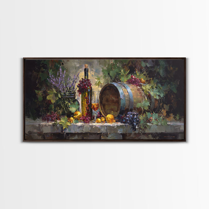Wine Barrel with Lavender and Sunlight Canvas Print, Winery Art, Oil Painting, Winery Decor, Watercolor Art, Vineyard, WIN-2x1-98
