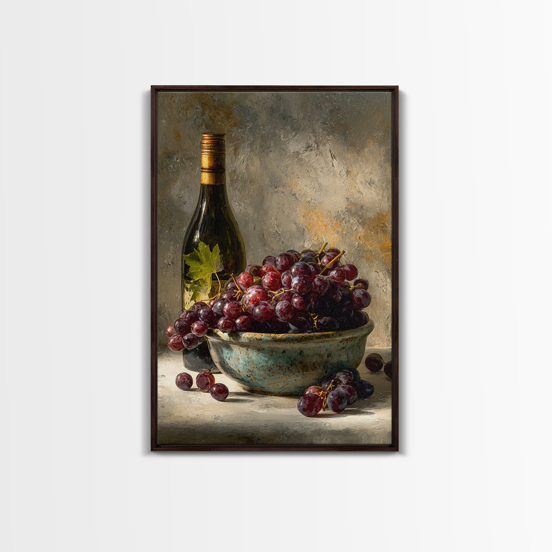 Grapes in a Ceramic Bowl with Shadows Framed Canvas Print, Winery Art, Kitchen Decor, Winery Decor, Abstract Art, Vineyard, WIN-2x3-17