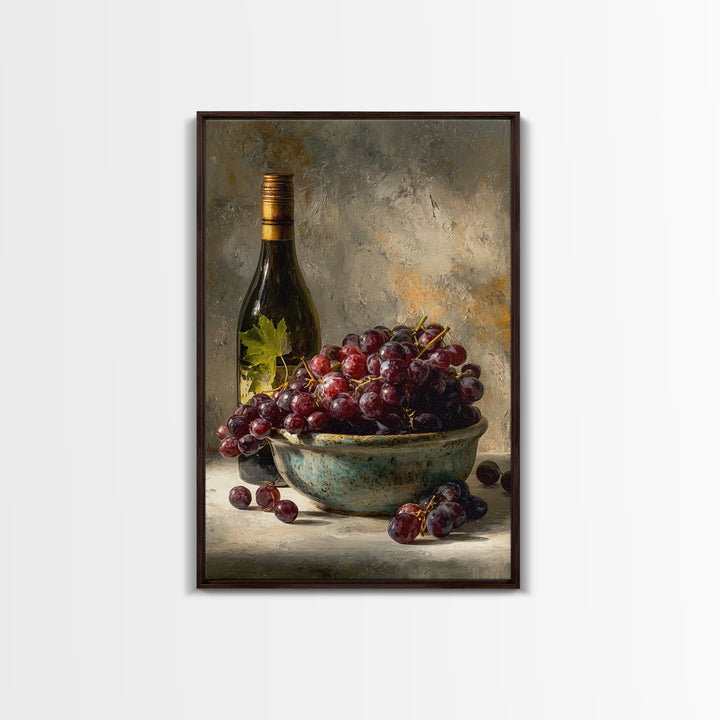 Grapes in a Ceramic Bowl with Shadows Framed Canvas Print, Winery Art, Kitchen Decor, Winery Decor, Abstract Art, Vineyard, WIN-2x3-17