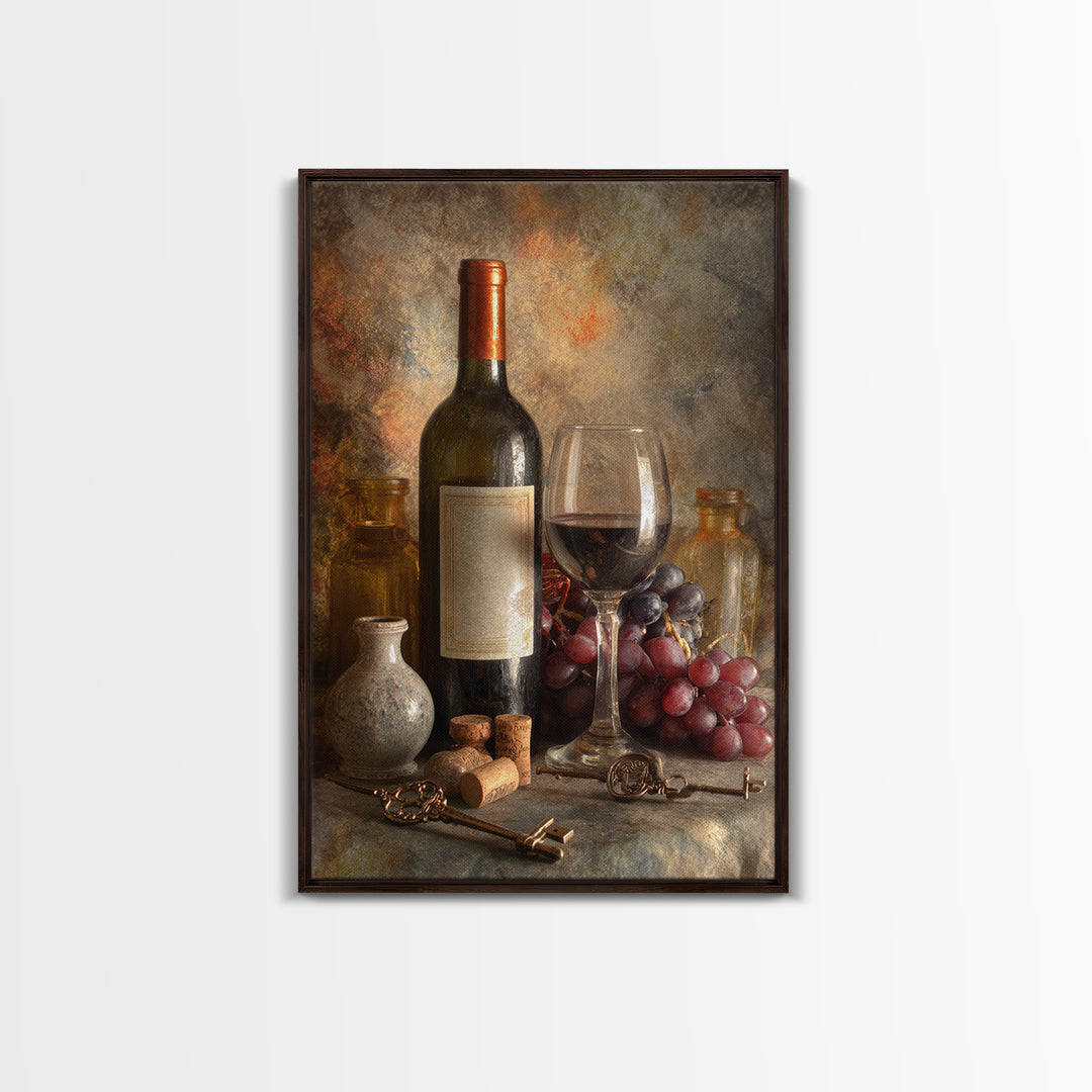 Old Cellar Key and Wine Label Shapes Framed Canvas Print, Winery Art, Farmhouse Decor, Winery Decor, Abstract Art, Vineyard, WIN-2x3-20